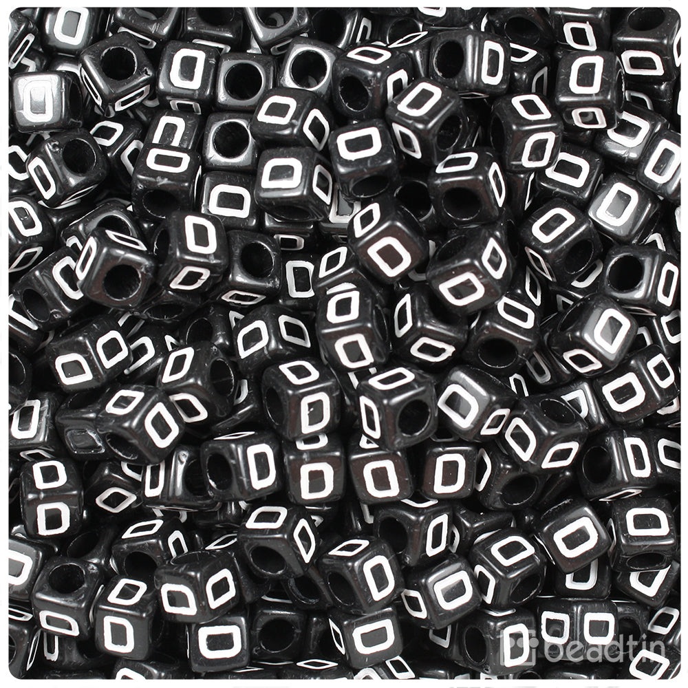 Black Opaque 6mm Cube Alpha Beads - White Letter D (80pcs)