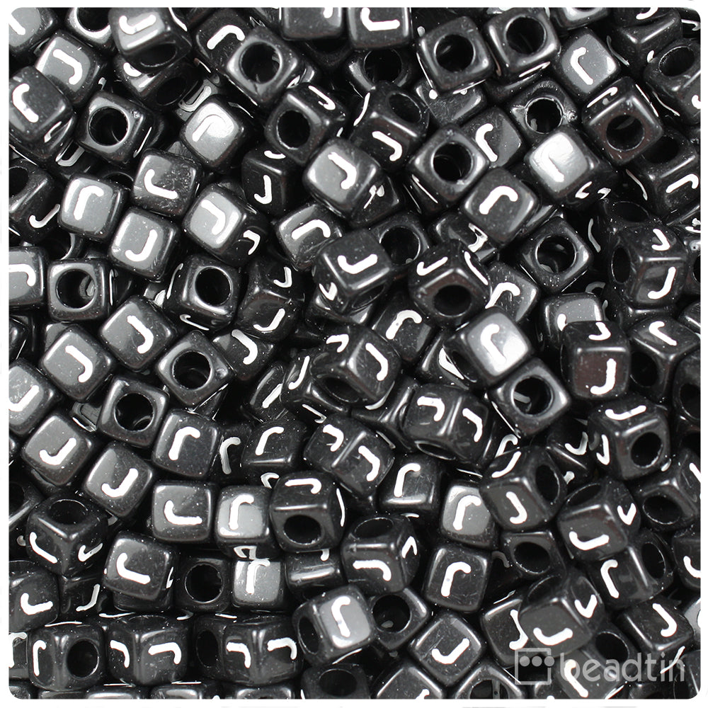 Black Opaque 6mm Cube Alpha Beads - White Letter J (80pcs)