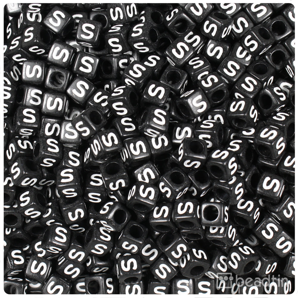 Black Opaque 6mm Cube Alpha Beads - White Letter S (80pcs)