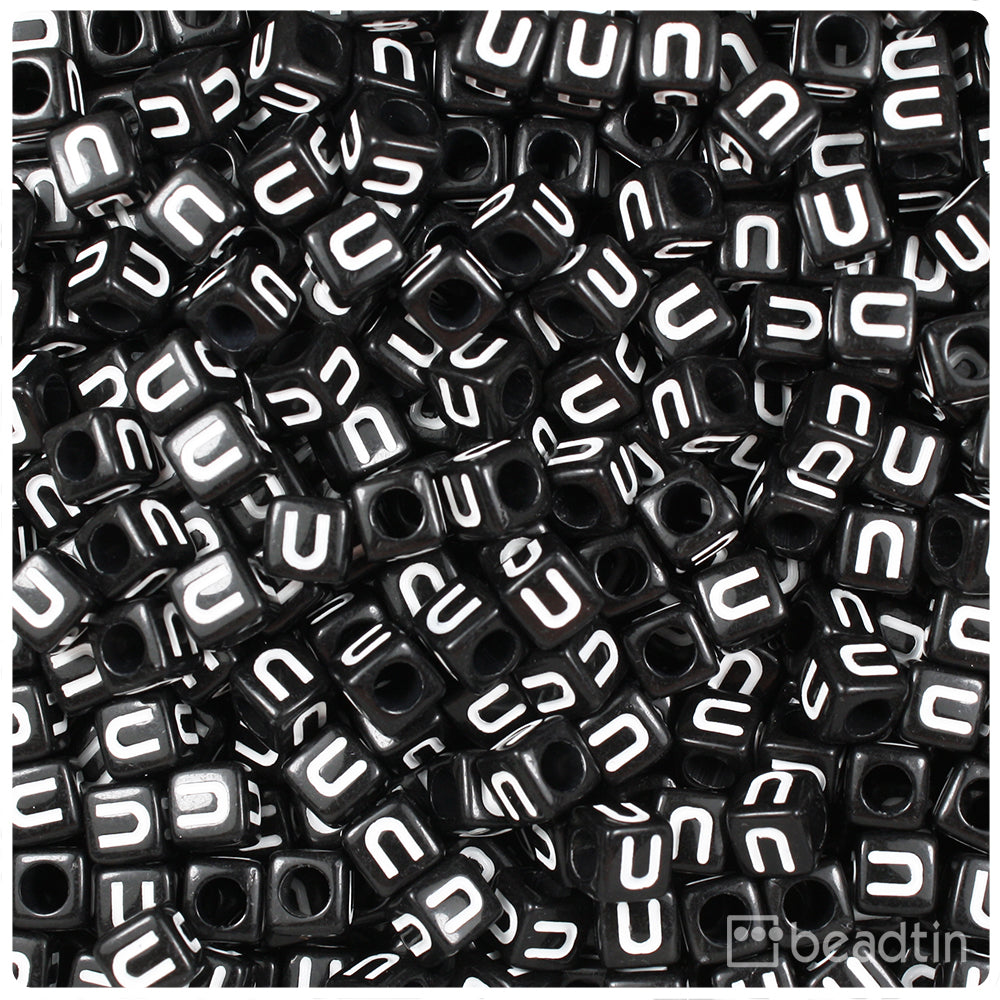 Black Opaque 6mm Cube Alpha Beads - White Letter U (80pcs)
