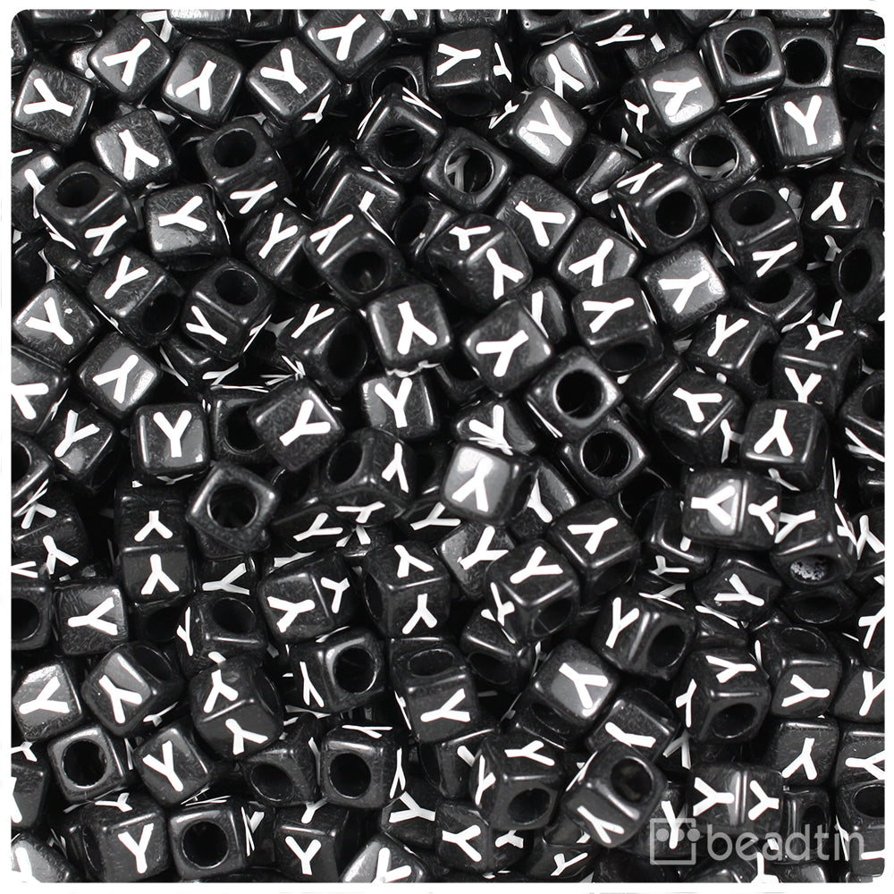 Black Opaque 6mm Cube Alpha Beads - White Letter Y (80pcs)