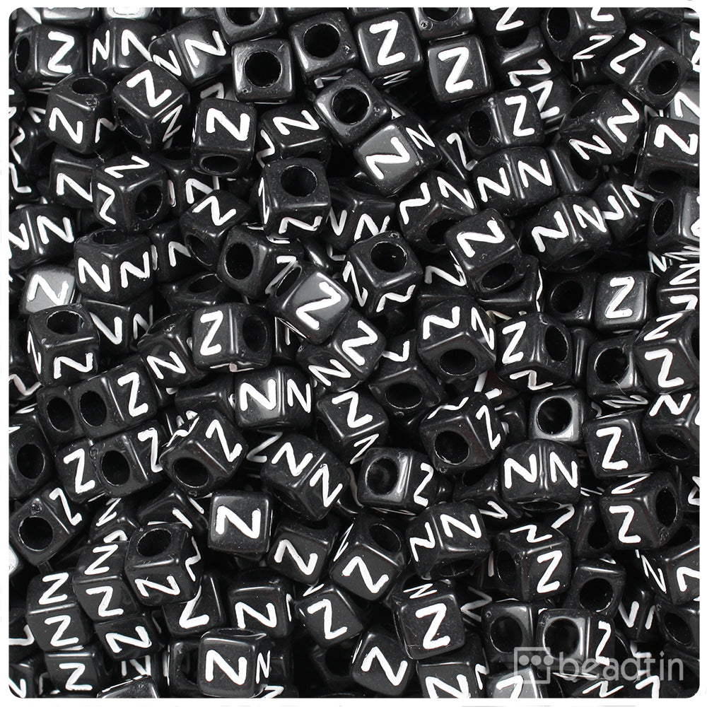 Black Opaque 6mm Cube Alpha Beads - White Letter Z (80pcs)