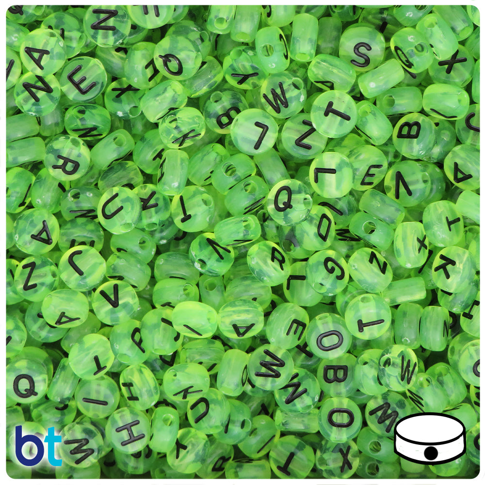 Light Green Transparent 7mm Coin Alpha Beads - Black Letter Mix (250pc