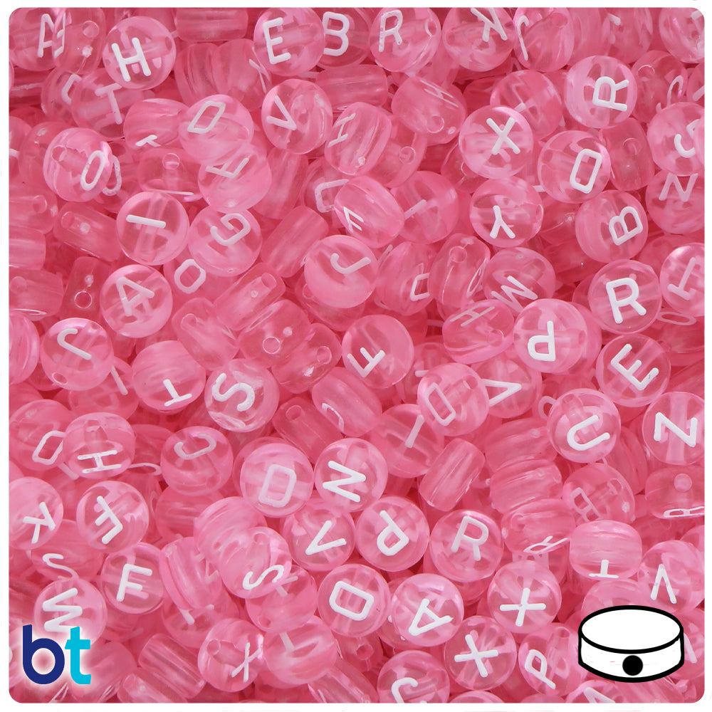 Pink Transparent 7mm Coin Alpha Beads - White Letter Mix (250pcs)