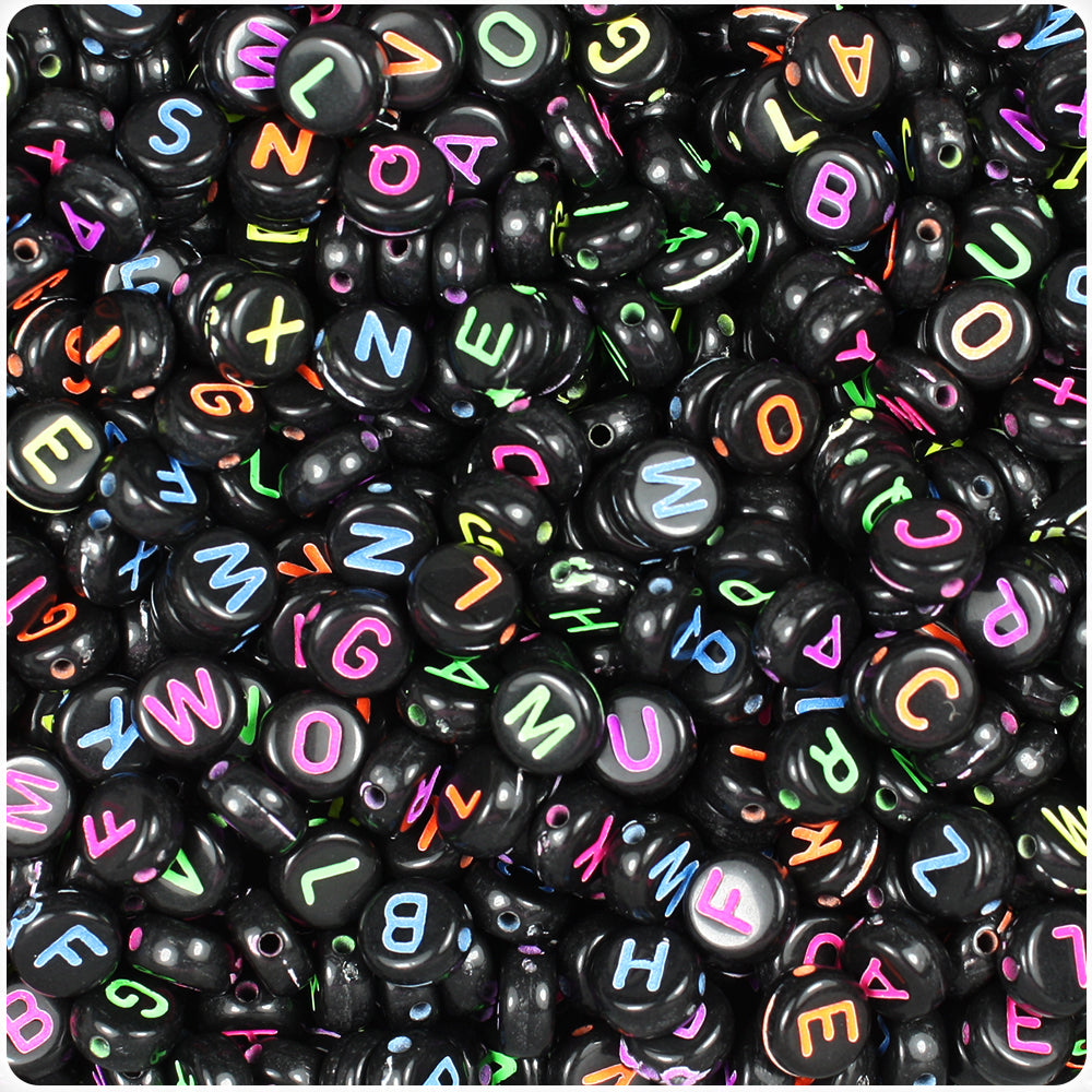 Black Opaque 7mm Coin Alpha Beads - Colored Letter Mix (250pcs)