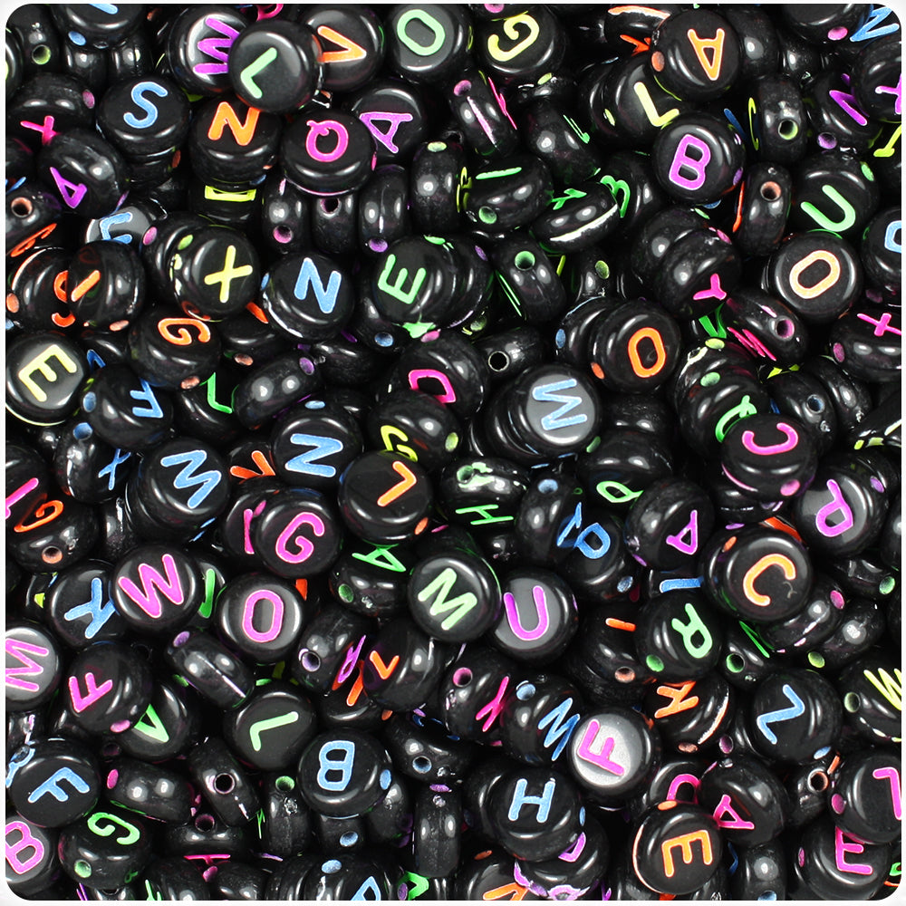 Black Opaque 7mm Coin Alpha Beads - Colors Letter Mix (250pcs)