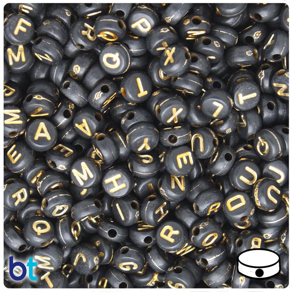 Black Opaque 7mm Coin Alpha Beads - Gold Letter Mix (250pcs)