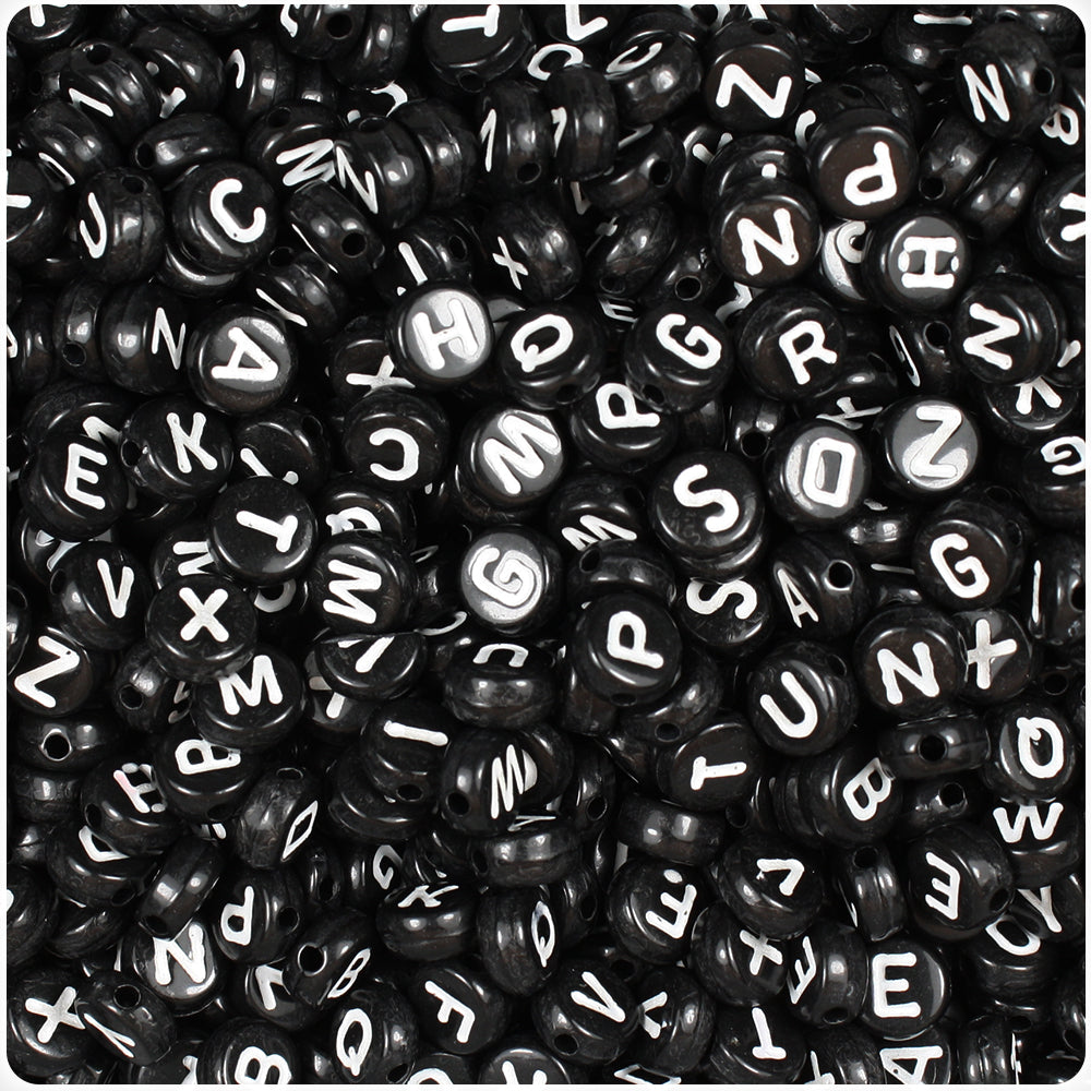Black Opaque 7mm Coin Alpha Beads - White Letter Mix (250pcs)