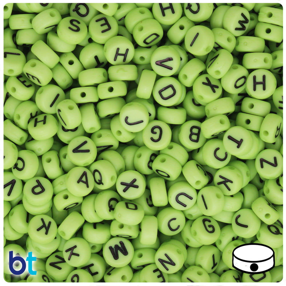 Green Opaque 7mm Coin Alpha Beads - Black Letter Mix (250pcs)