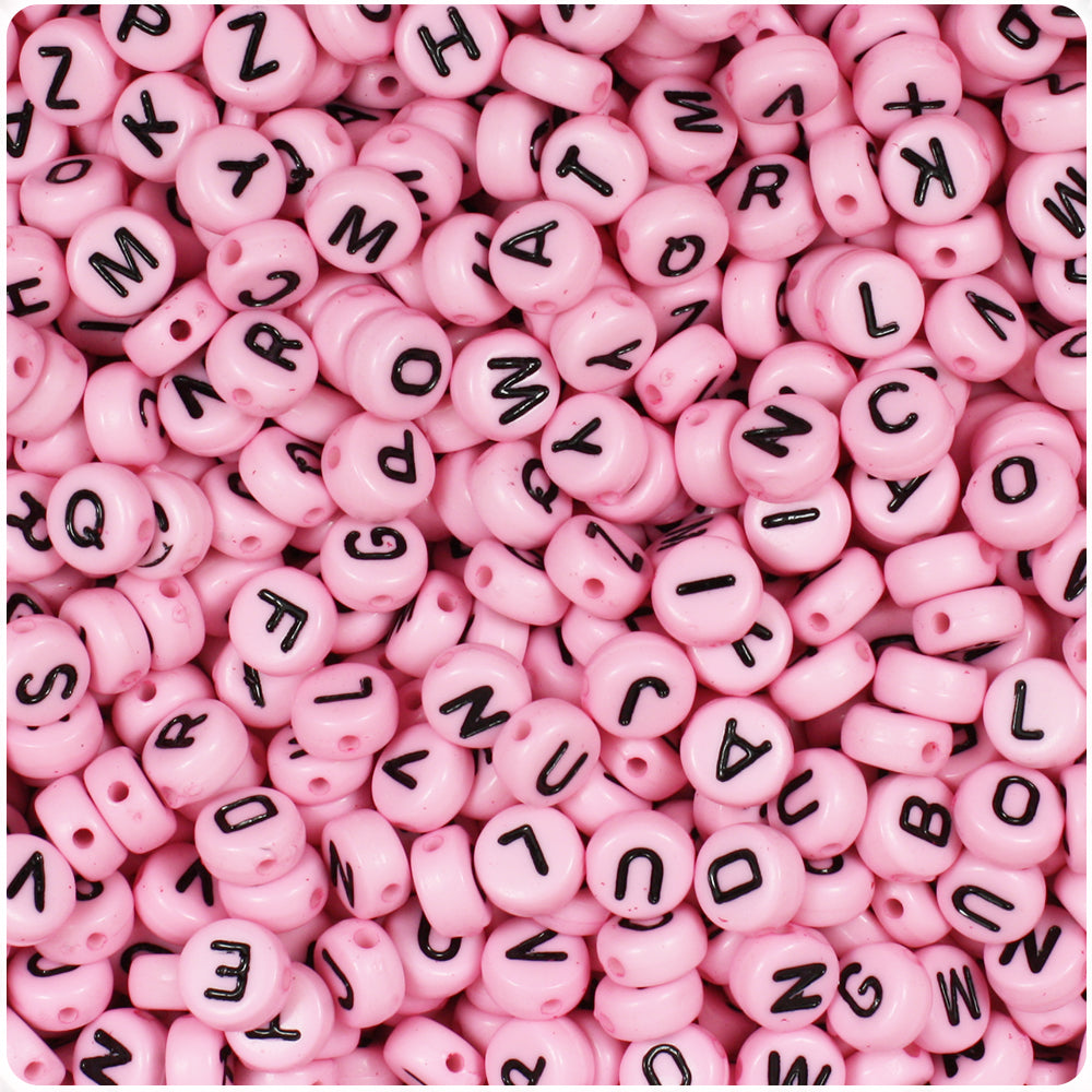 Pink Opaque 7mm Coin Alpha Beads - Black Letter Mix (250pcs)