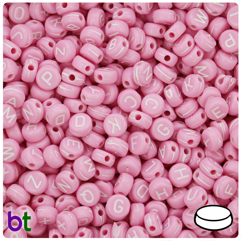 Pink Opaque 7mm Coin Alpha Beads - White Letter Mix (250pcs)