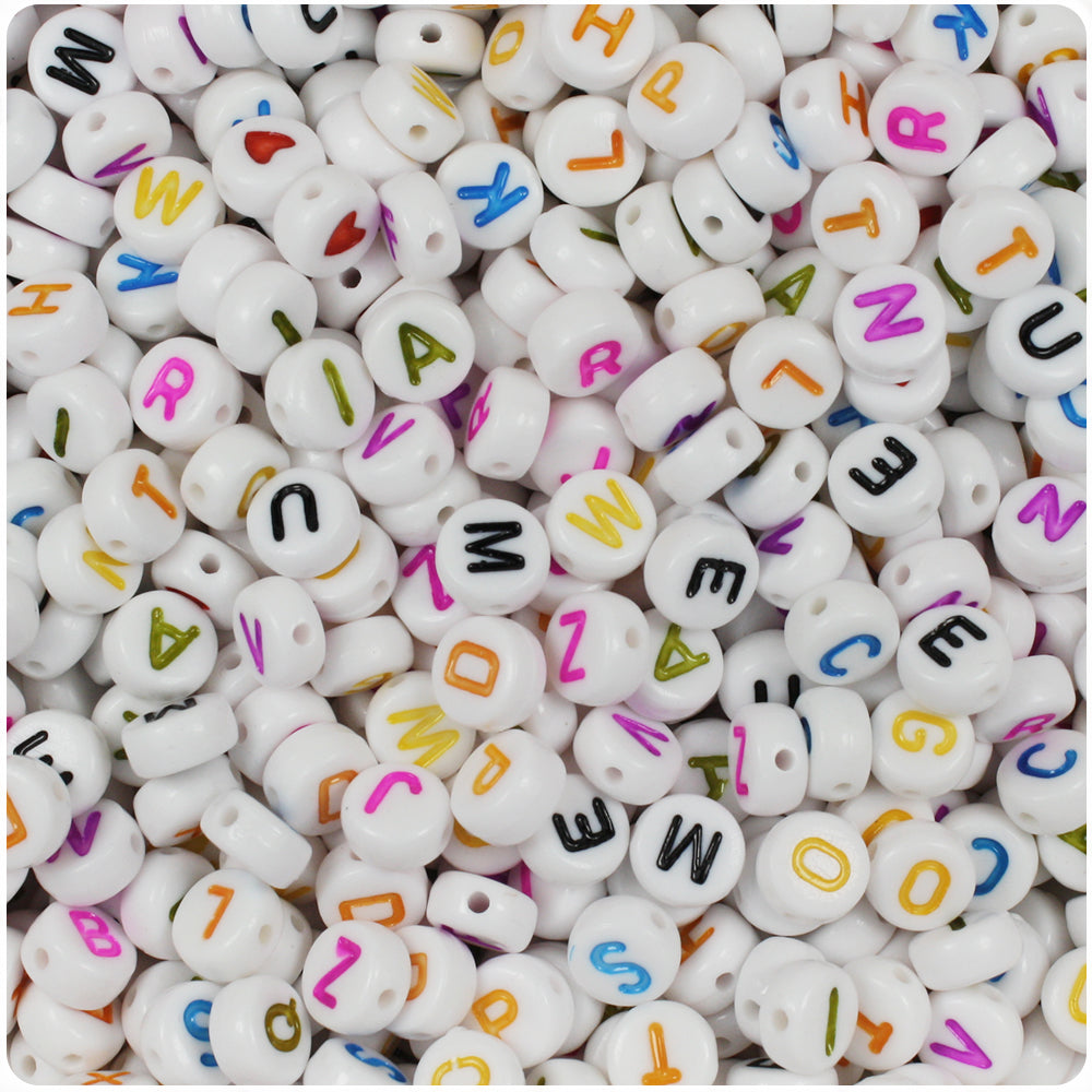White Opaque 7mm Coin Alpha Beads - Colored Letter Mix (250pcs)