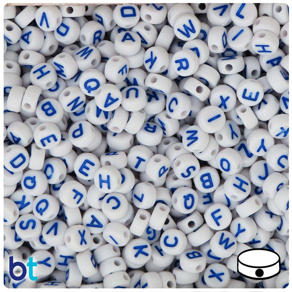 White Opaque 7mm Coin Alpha Beads - Dark Blue Letter Mix (250pcs)