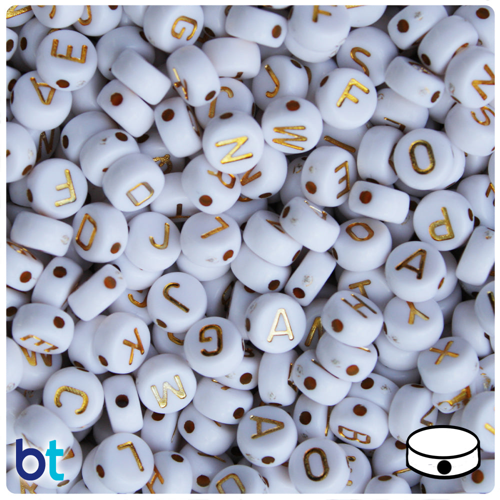 White Opaque 7mm Coin Alpha Beads - Gold Stars (250pcs)