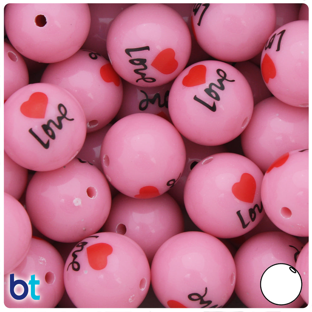Pink Opaque 20mm Round Plastic Beads - Love & Heart (10pcs)