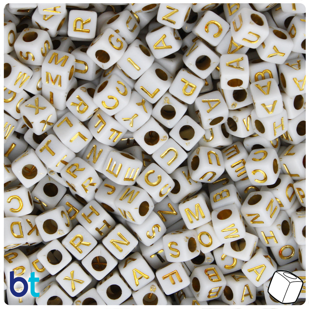White Opaque 6mm Cube Alpha Beads - Gold Letter Mix (200pcs)