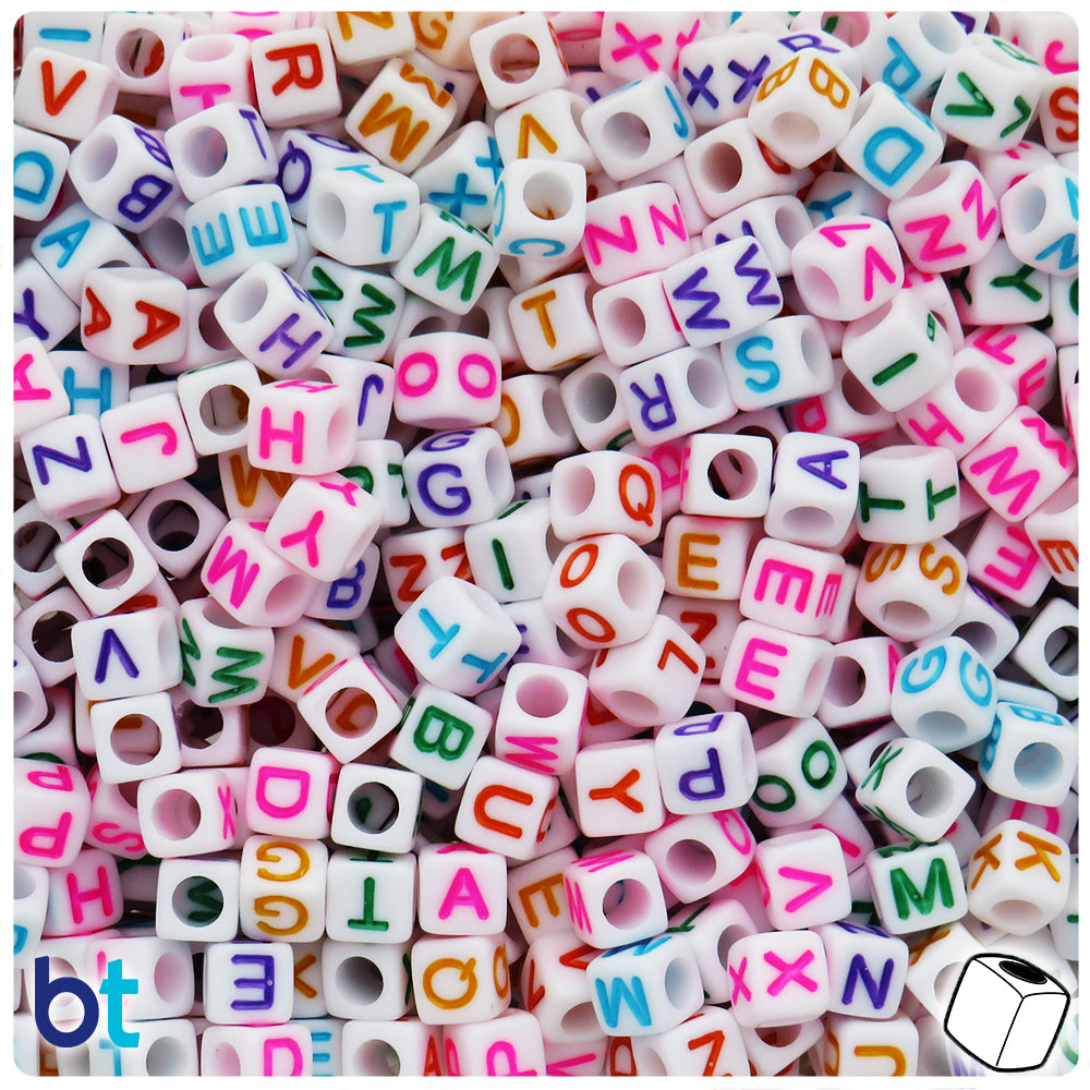 White Opaque 6mm Cube Alpha Beads - Colored Letter Mix (200pcs)