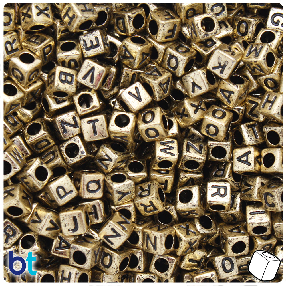 Gold Metallic 6mm Cube Alpha Beads - Black Letter Mix (200pcs)