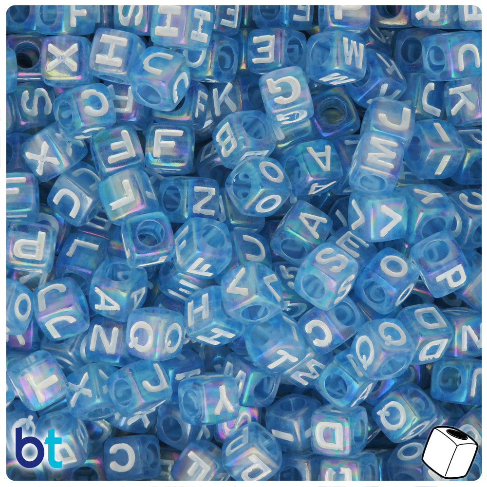 Blue Transparent 7mm Cube Alpha Beads - White Letter Mix (200pcs)