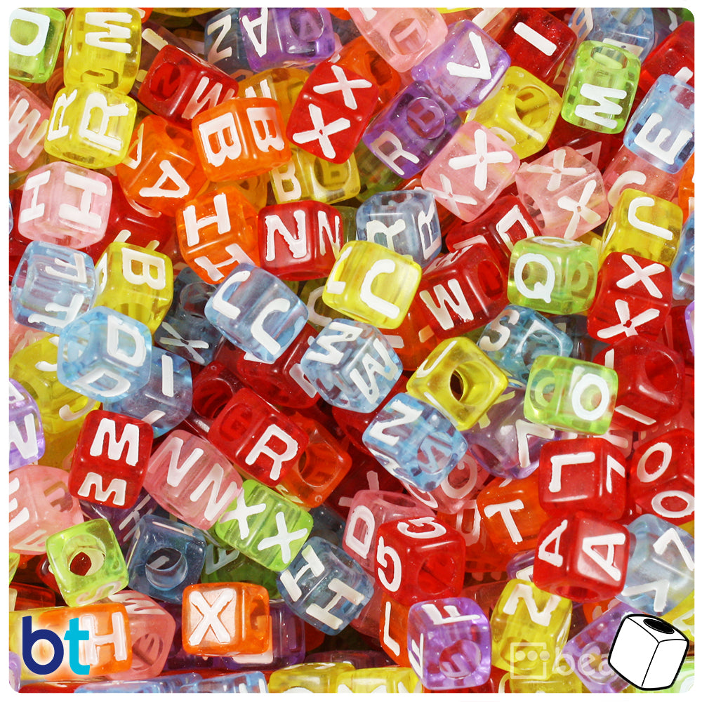 Mixed Transparent 7mm Cube Alpha Beads - White Letter Mix (200pcs)