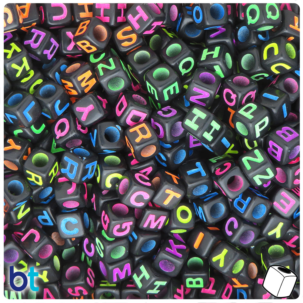 Black Opaque 7mm Cube Alpha Beads - Colored Letter Mix (200pcs)