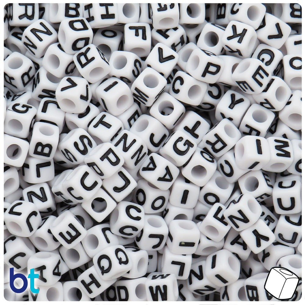 Bulk Buy - White Opaque 7mm Cube Plastic Alpha Beads - Black Letters