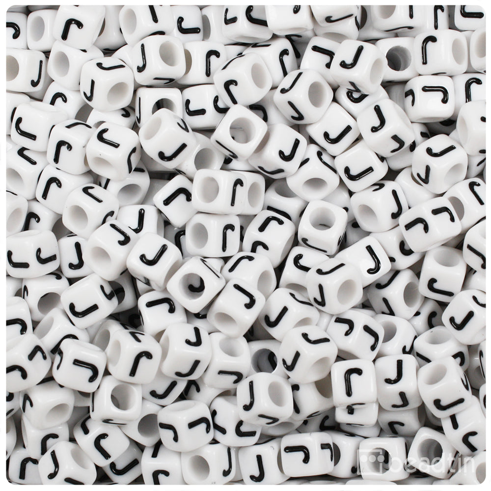 White Opaque 6mm Cube Alpha Beads - Black Letter J (80pcs)