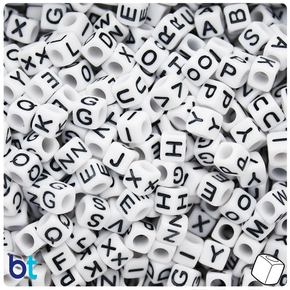 White Opaque 6mm Cube Alpha Beads - Black Letter Mix (200pcs)