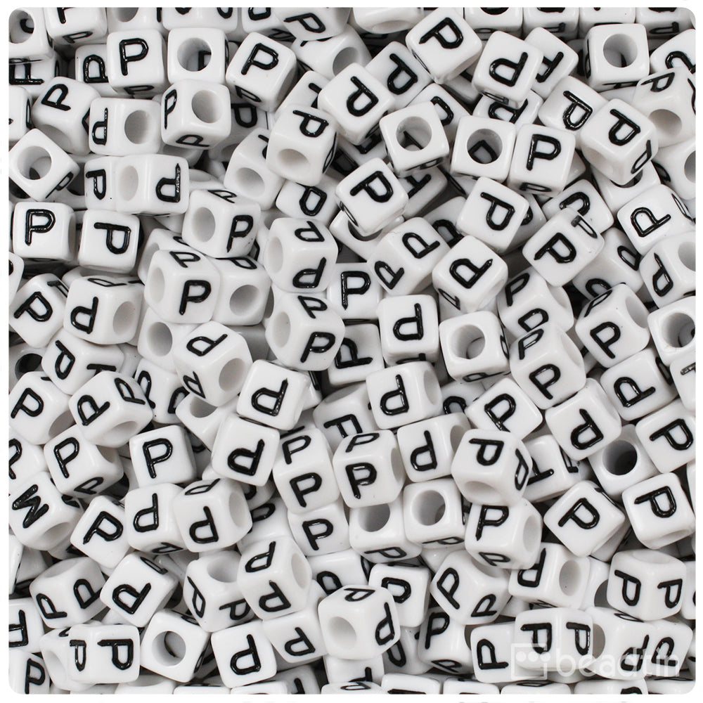 White Opaque 6mm Cube Alpha Beads - Black Letter P (80pcs)