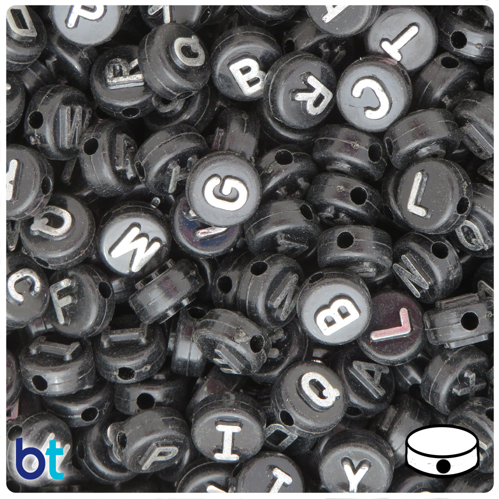 Black Opaque 10mm Coin Alpha Beads - Silver Letter Mix (144pcs)