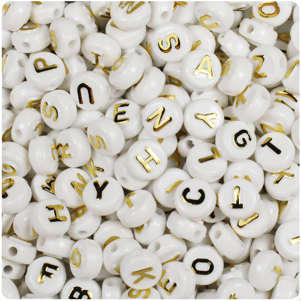 White Opaque 10mm Coin Alpha Beads - Gold Letter Mix (144pcs)
