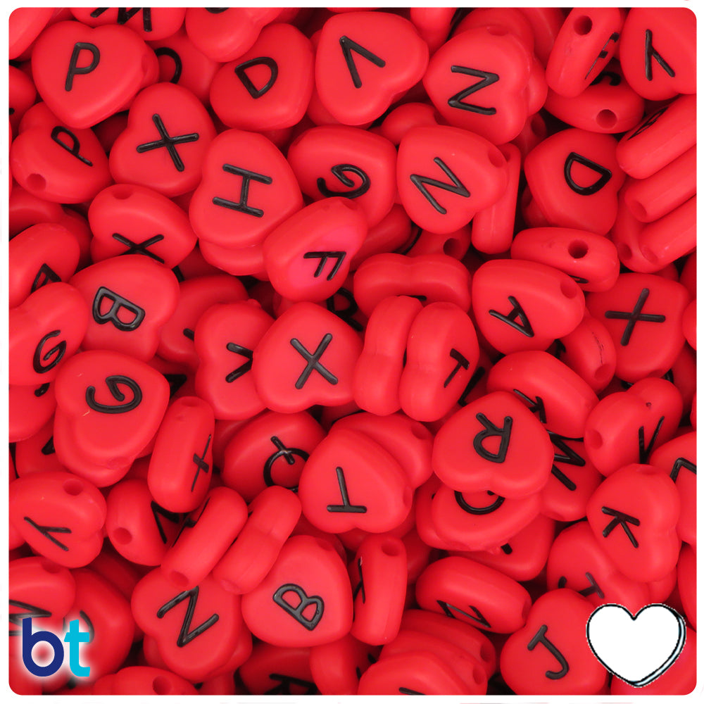 Red Opaque 12mm Heart Alpha Beads - Black Letter Mix (120pcs)