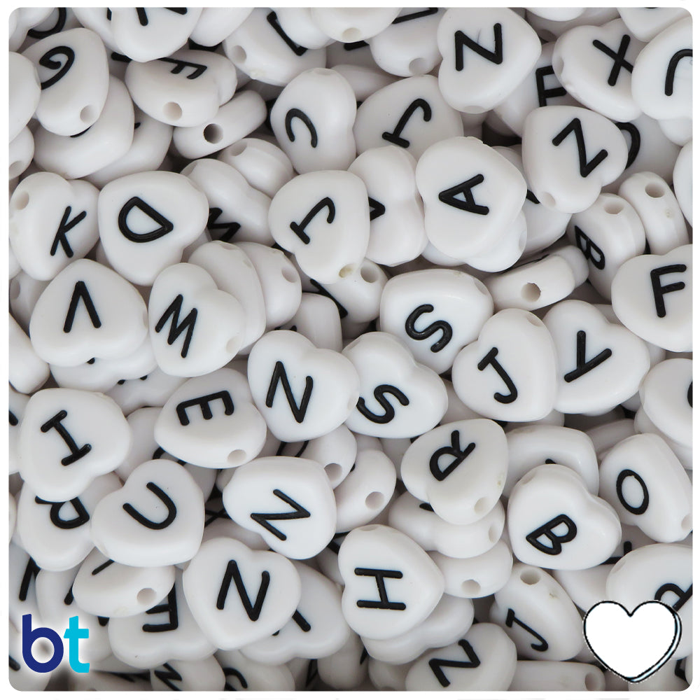 White Opaque 12mm Heart Alpha Beads - Black Letter Mix (120pcs)