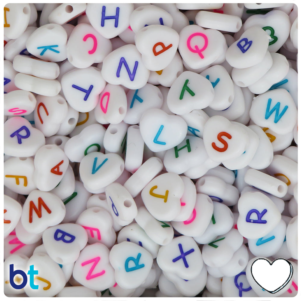 White Opaque 11mm Heart Alpha Beads - Colored Letter Mix (120pcs)