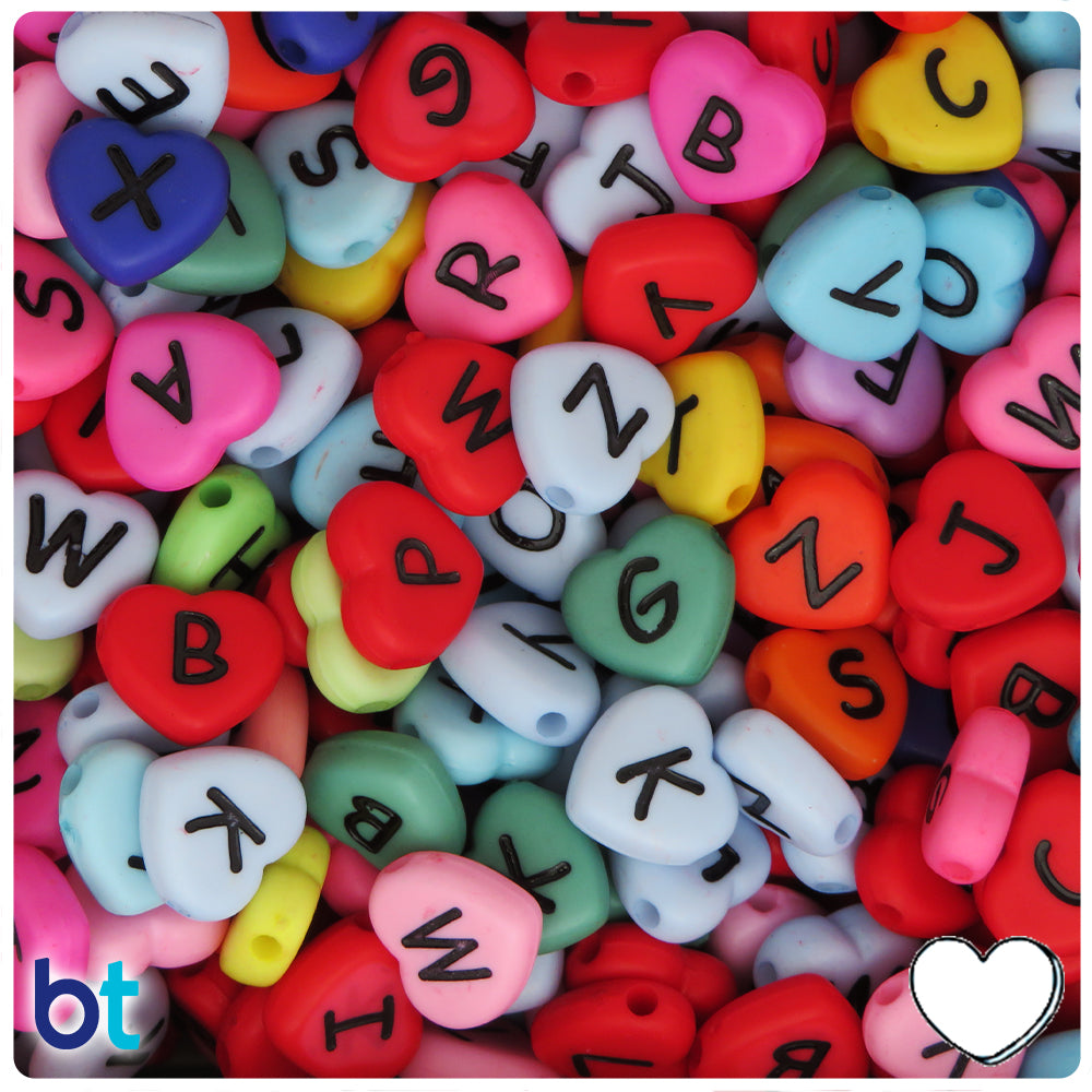 Mixed Opaque 12mm Heart Alpha Beads - Black Letter Mix (120pcs)