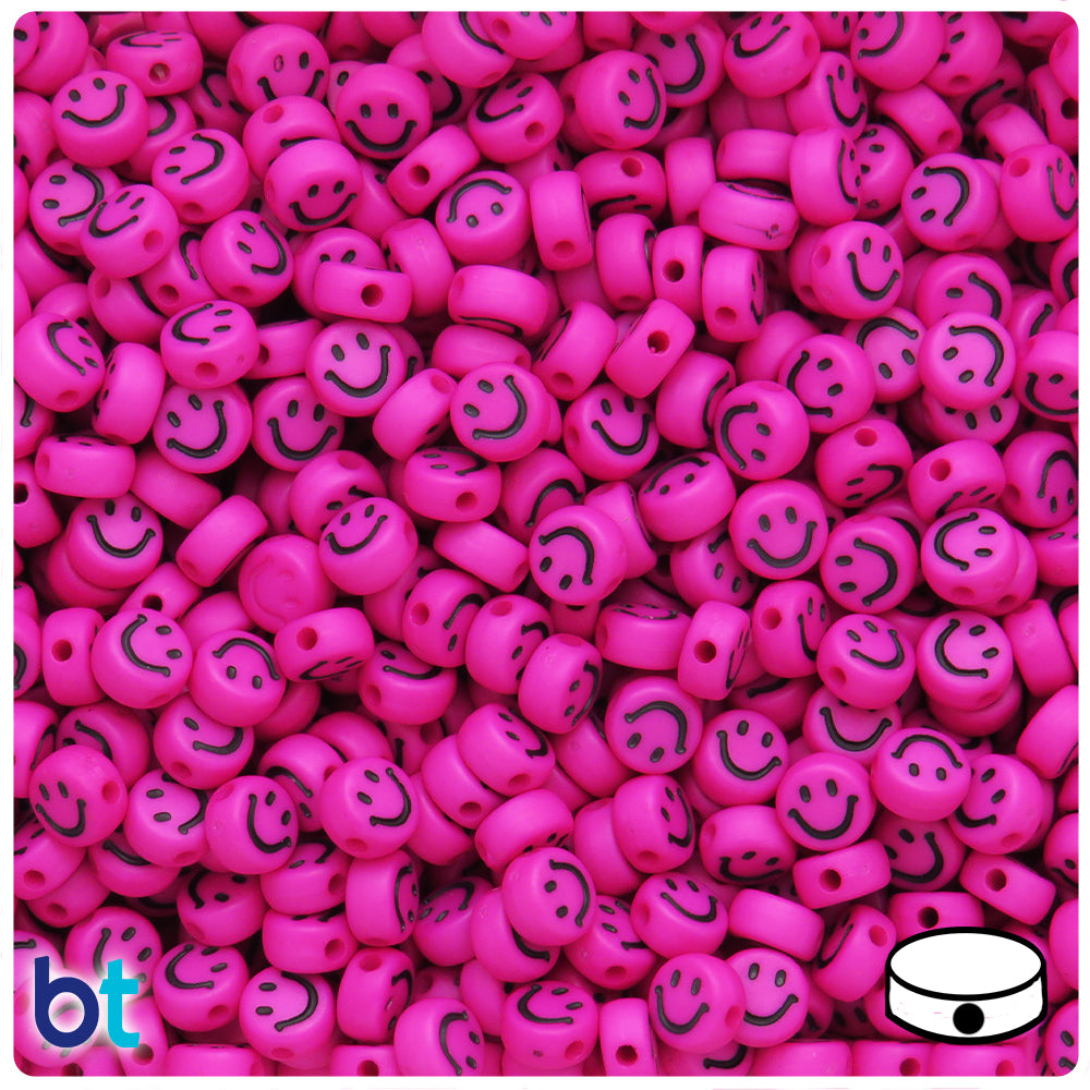 Dark Pink Opaque 7mm Coin Alpha Beads - Black Smiles (250pcs)