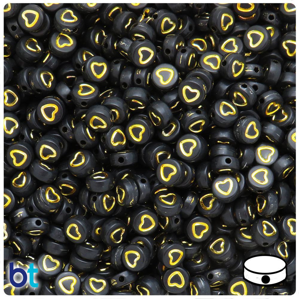 Black Opaque 7mm Coin Alpha Beads - Gold Hollow Hearts (250pcs)