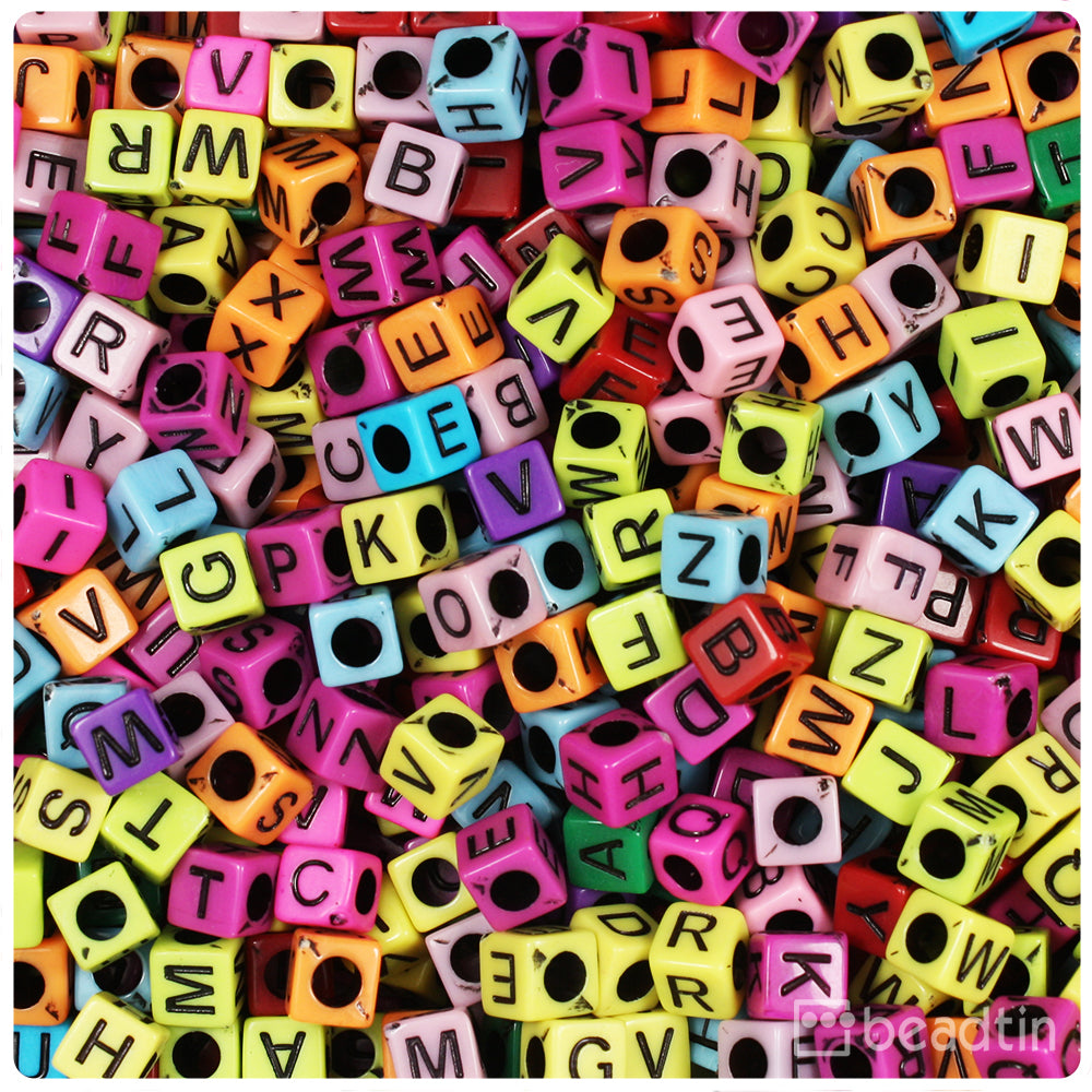 Mixed Opaque 6mm Cube Alpha Beads - Black Letter Mix (200pcs)