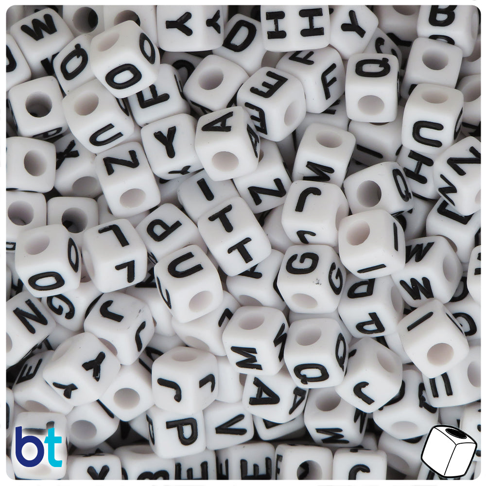 White Opaque 8mm Cube Alpha Beads - Black Letter Mix (200pcs)