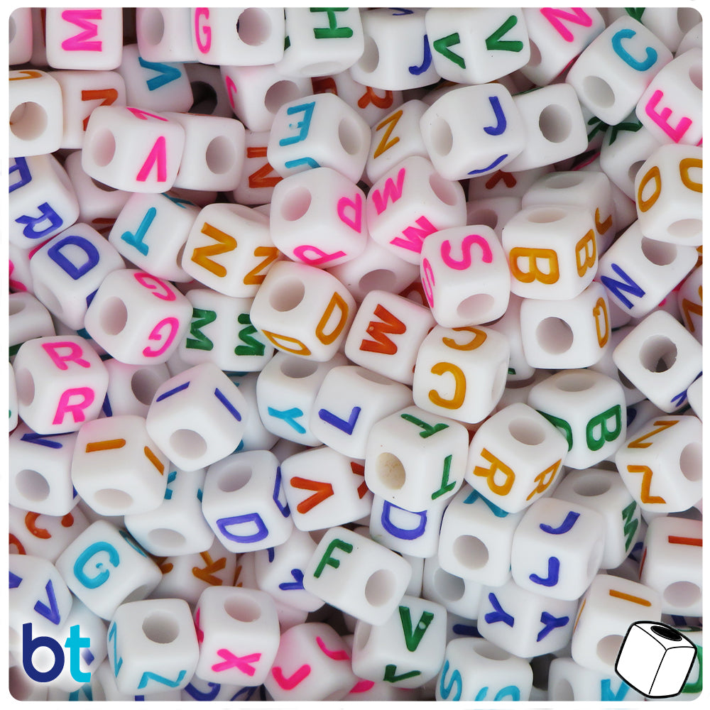 White Opaque 8mm Cube Alpha Beads - Colored Letter Mix (200pcs)