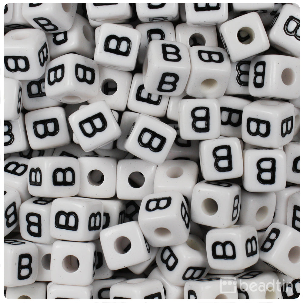 White Opaque 10mm Cube Alpha Beads - Black Letter B (20pcs)