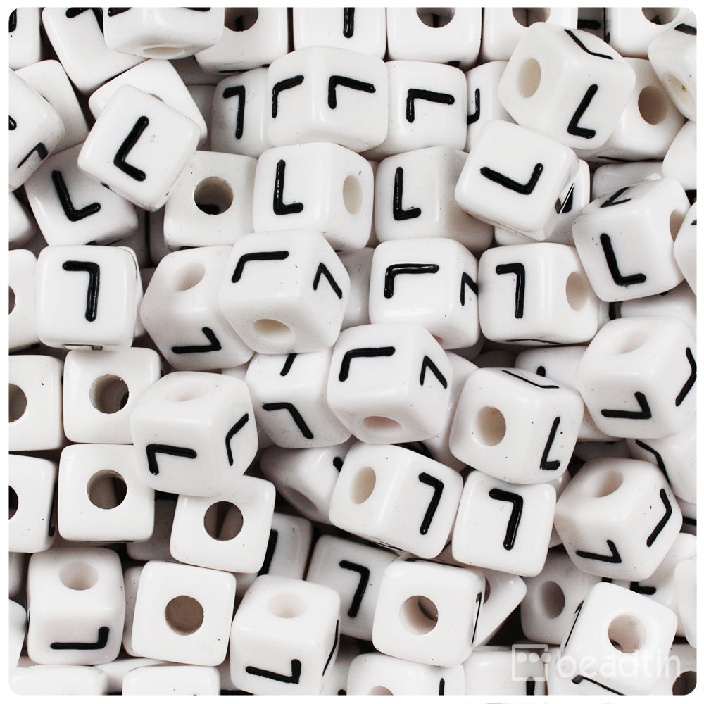 White Opaque 10mm Cube Alpha Beads - Black Letter L (20pcs)