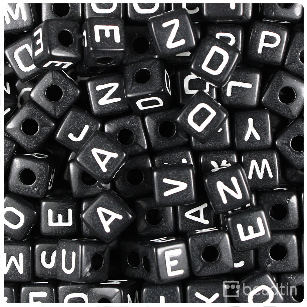 Black Opaque 10mm Cube Alpha Beads - White Letter Mix (100pcs)