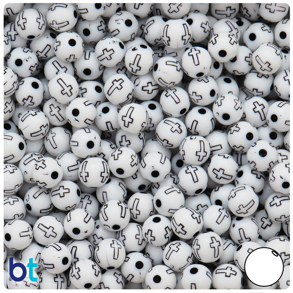 White Opaque 8mm Round Plastic Beads - Black Crosses (200pcs)