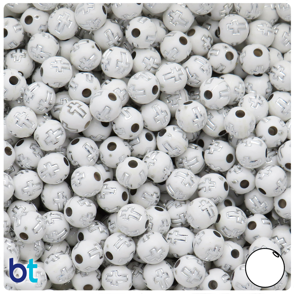 White Opaque 8mm Round Plastic Beads - Silver Crosses (200pcs)
