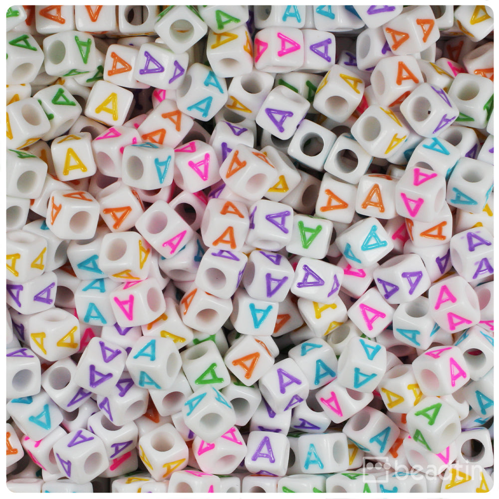 White Opaque 6mm Cube Alpha Beads - Colored Letter A (80pcs)