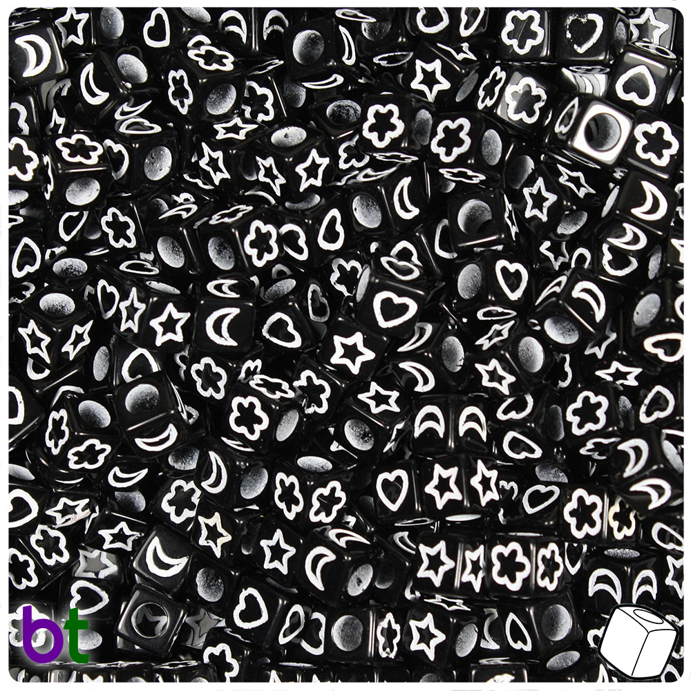 Black Opaque 6mm Cube Alpha Beads - White Celestial (200pcs)