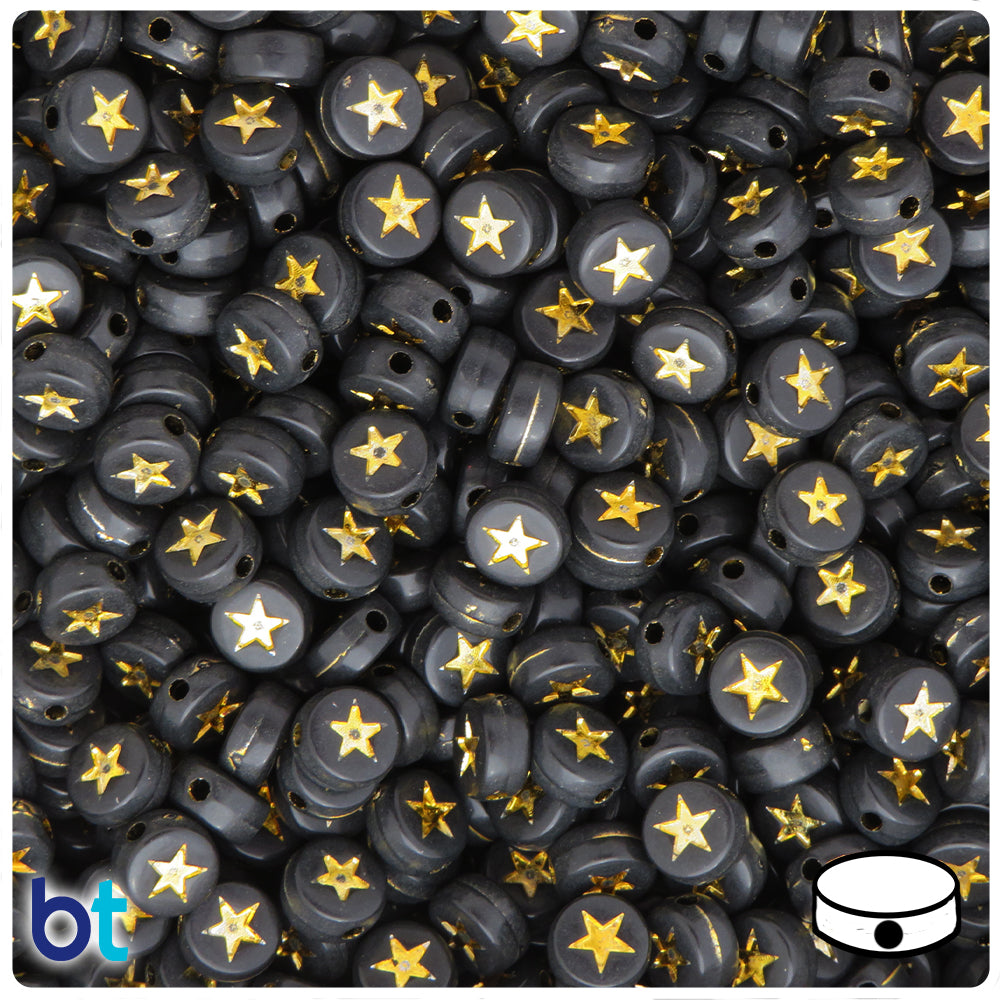 Black Opaque 7mm Coin Alpha Beads - Gold Stars (250pcs)
