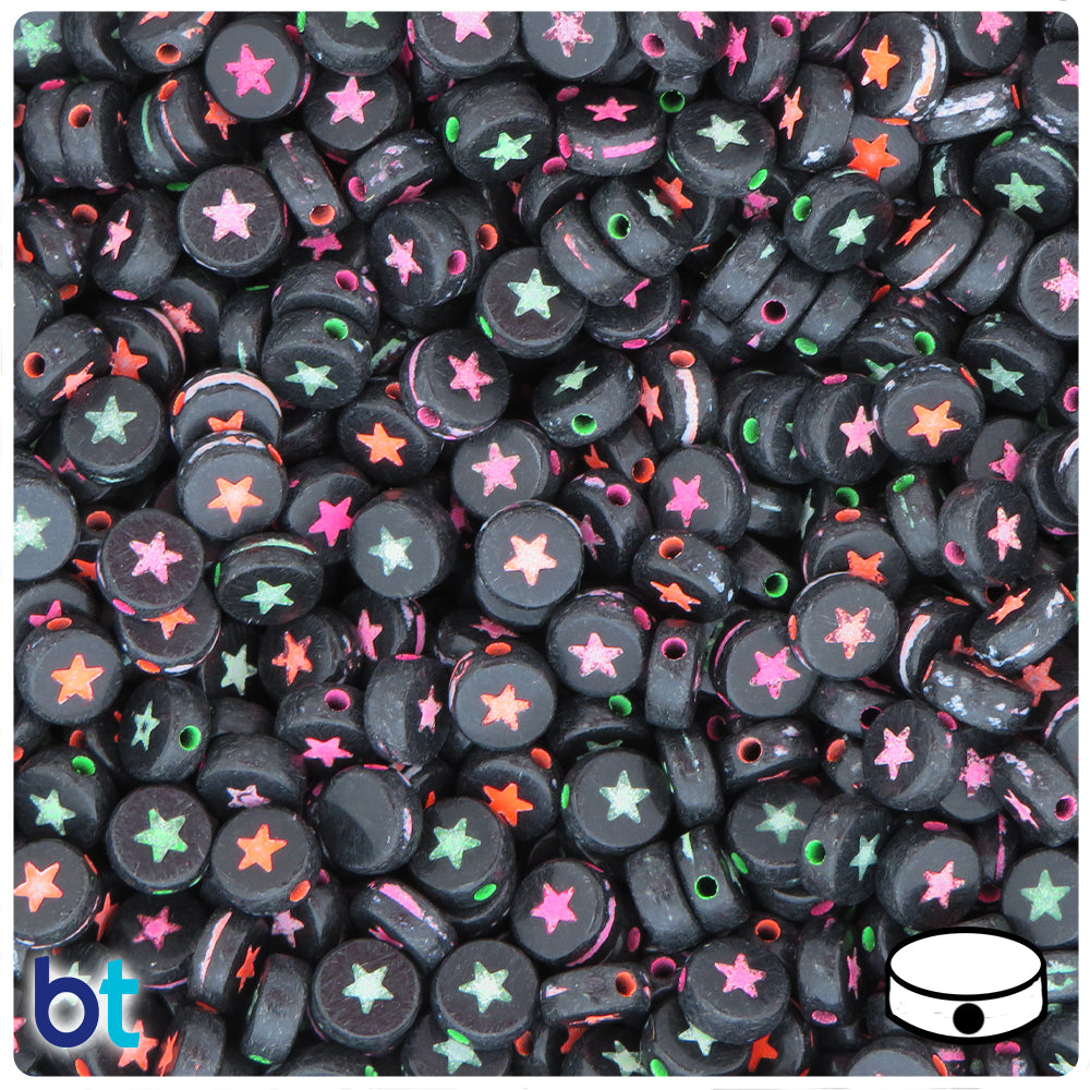 Black Opaque 7mm Coin Alpha Beads - Colored Stars (250pcs)