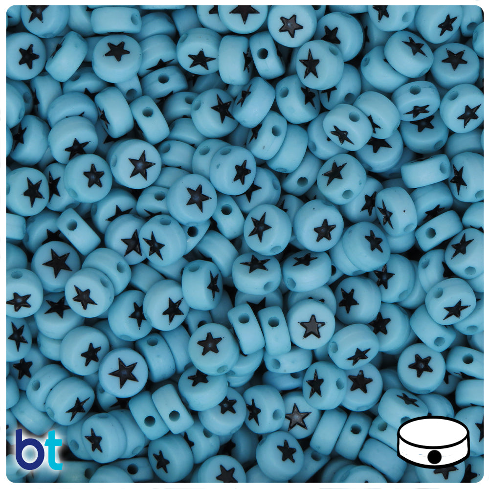 Light Blue Opaque 7mm Coin Alpha Beads - Black Stars (250pcs)